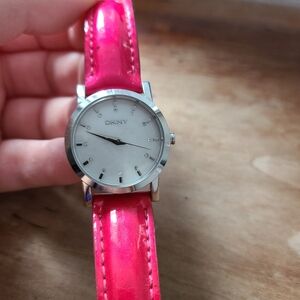 DKNY Pearl Face Silver Hardware Hot Pink Patent Leather Strap